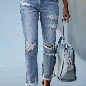 Light Wash Skinny Jeans with Ripped Hem - Size Small